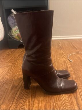 Charles David Dark Brown Leather Mid-Calf Block Heel Boots